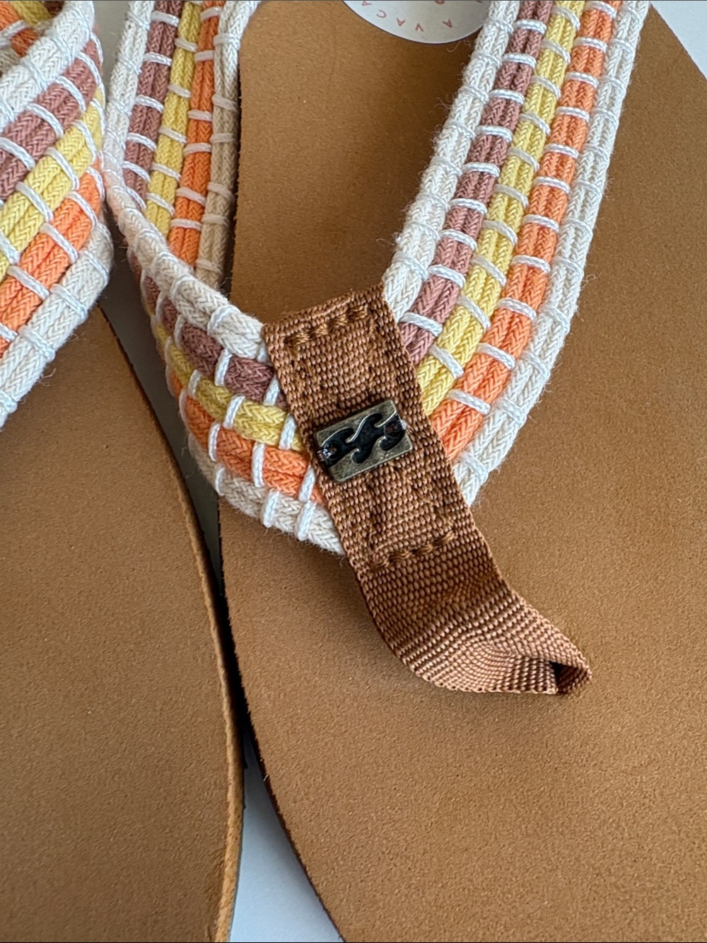 Billabong Tan Flip Flops with Orange & Cream Woven Straps women Sz 10 - Picture 5 of 6